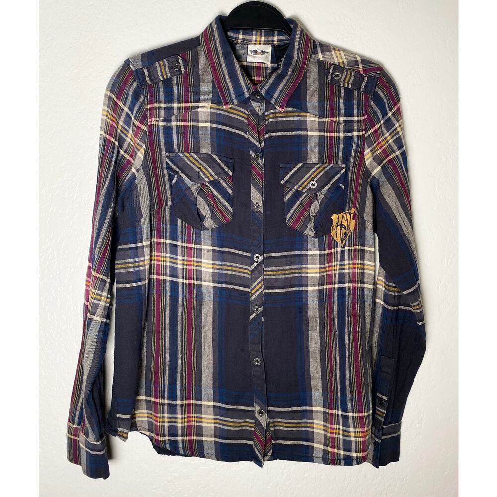 Harley Davidson Womens Blue Plaid Cotton Gauzy Long Sleeve Button Up Shirt Biker